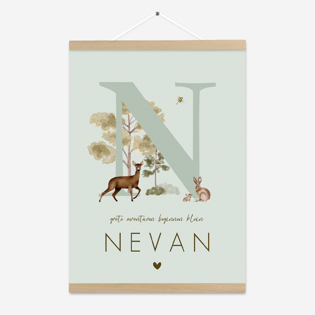 Poster Jongen Letter Bosdieren Waterverf