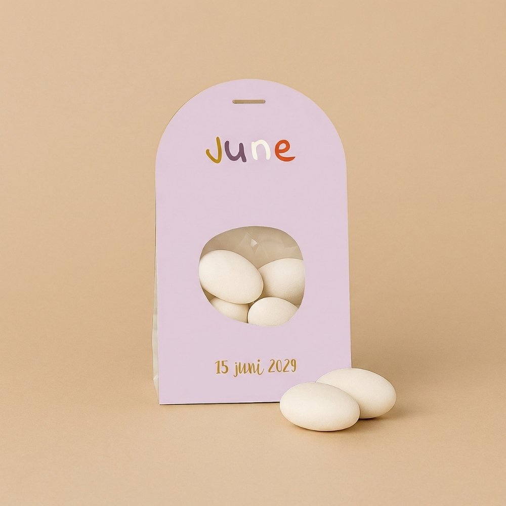 Doopsuiker wikkel meisje label kleurrijk strepen lila paars terracotta