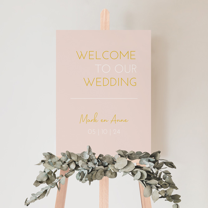 Welkomstbord bruiloft lichtroze goud modern