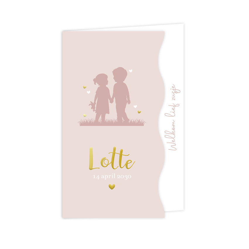 Geboortekaartje golfrand zusje met grote broer silhouet en foliedruk