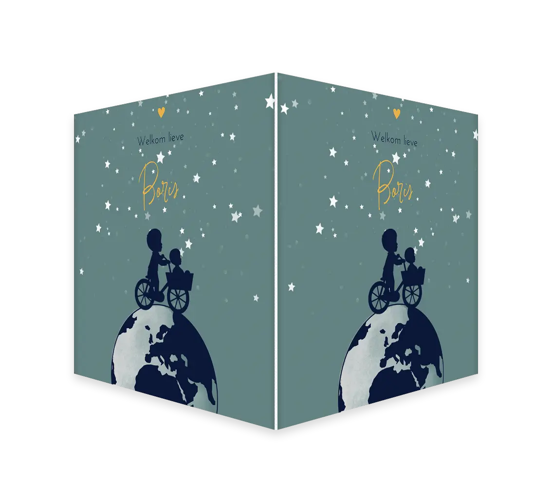 Raambord met wereldbol en silhouetjes van broertjes op fiets