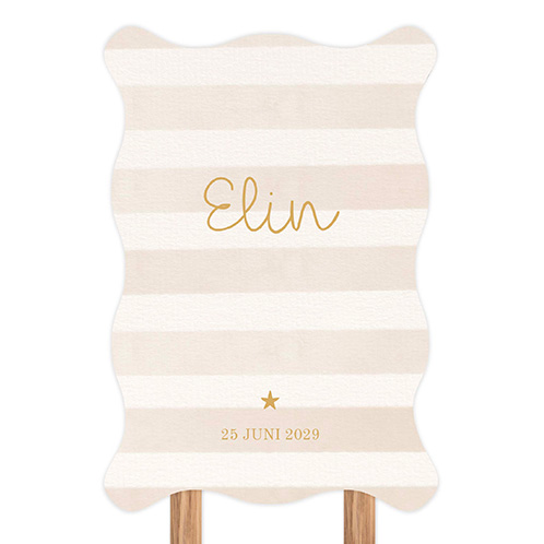 Stijlvol tuinbord met golfrand en beige strepen – geboorteaankondiging