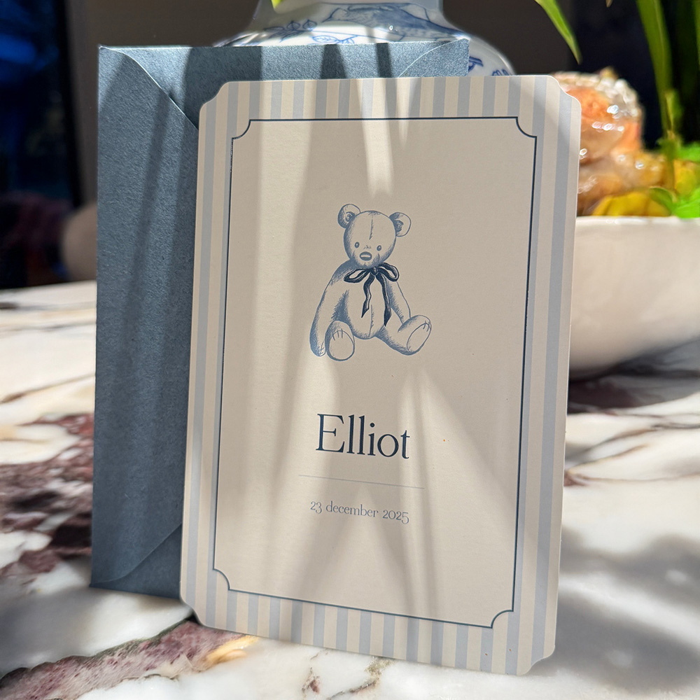 Rianne Meijer geboortekaartje jongen met strepen, kader en teddybeer