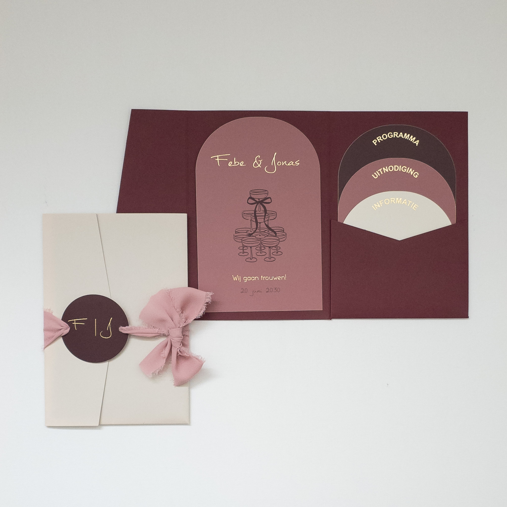 Pocketfold trouwkaart set boog rozerood