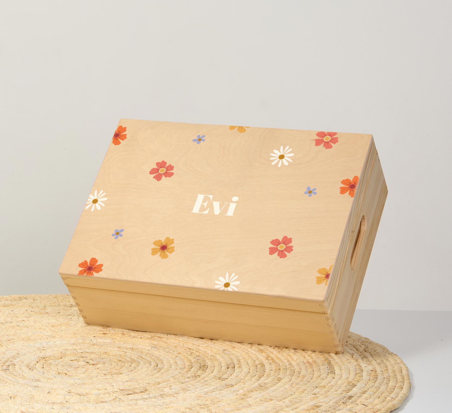 Houten memorybox met bloemen