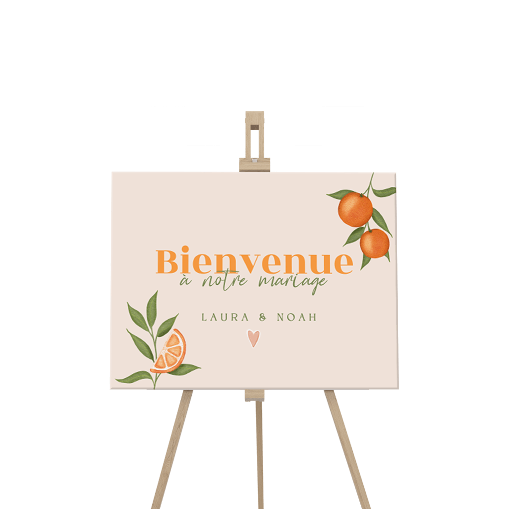 Panneau de bienvenue tendance avec oranges sur fond rose pâle