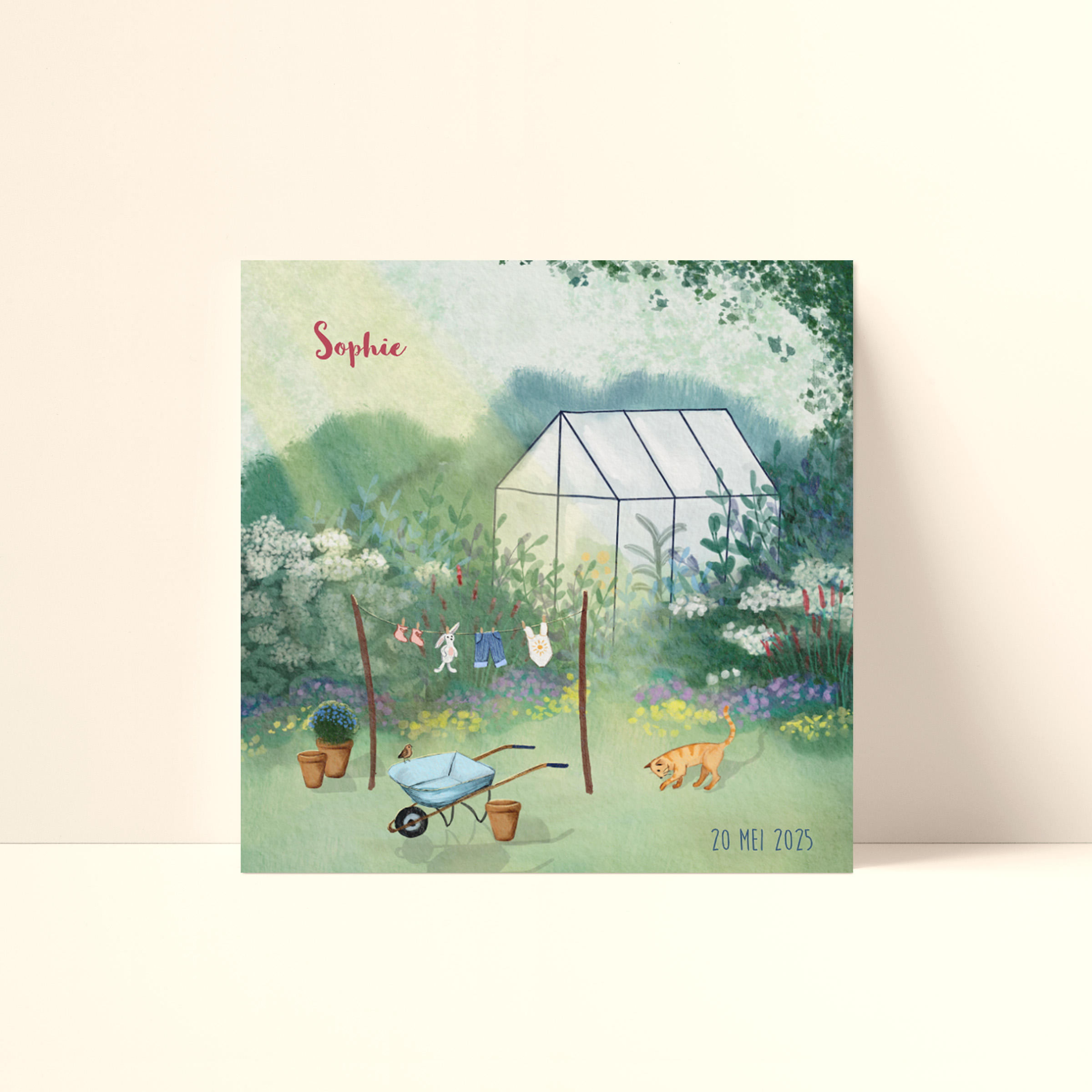 Geboortekaartje bloementuin met plantenkas, waslijn en katje
