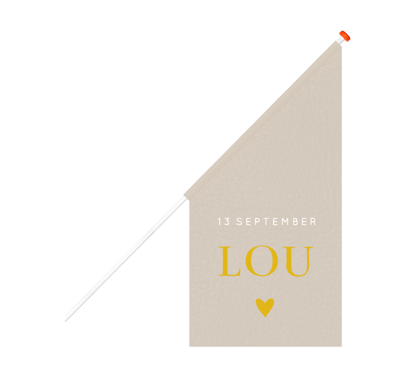 Beige geboortevlag met naam in geel en hartje