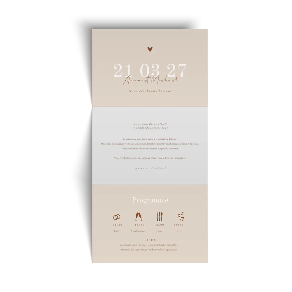 Faire-part mariage en accordéon en beige avec programme et photo