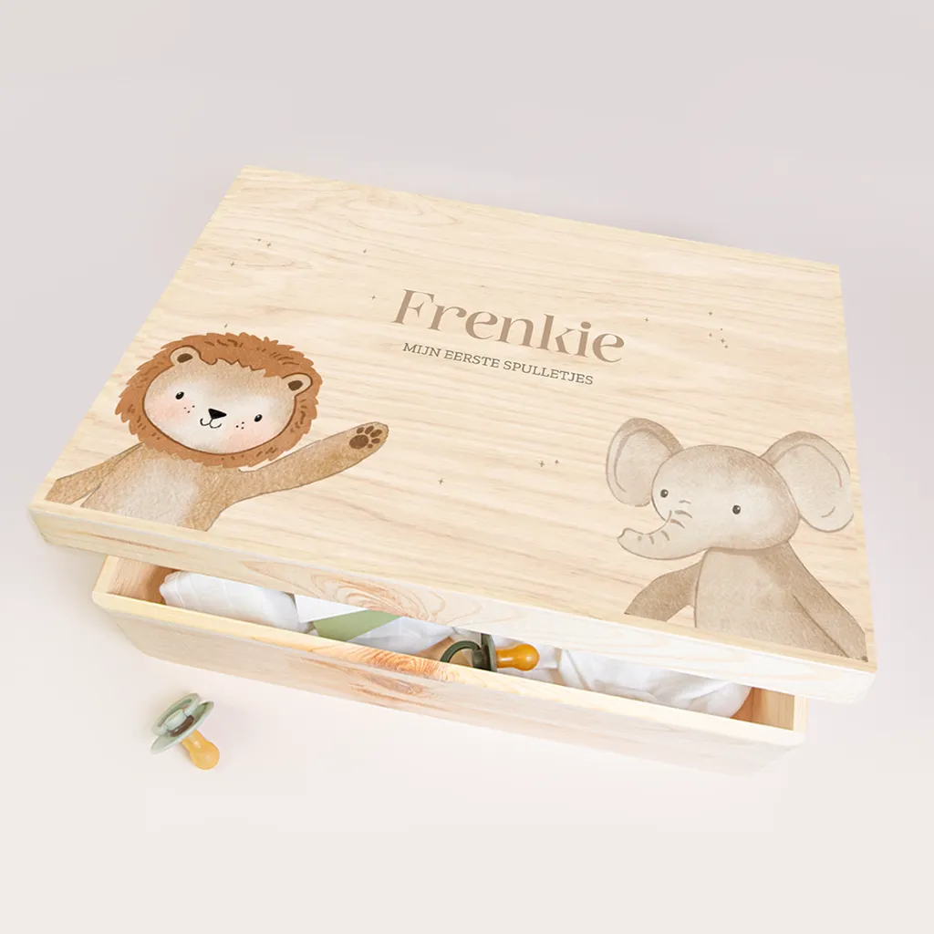 Memorybox met leeuwtje en olifantje