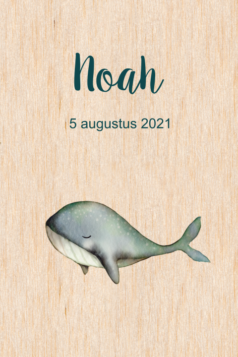 Echt houten geboortekaartje zoon met watercolour walvis en ronde hoeken