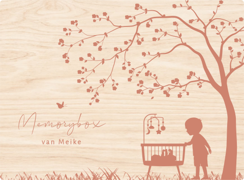 Memorybox met silhouettekening van wiegje onder een boom