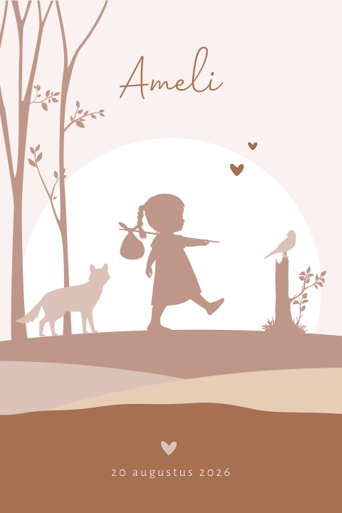 Geboortekaartje met silhouetje van meisje met knapzak in het bos