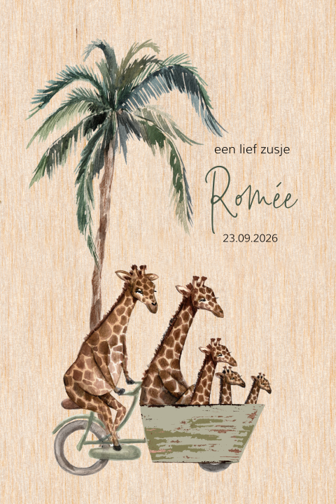 Echt houten geboortekaartje voor derde kindje met bakfiets en rondhoek