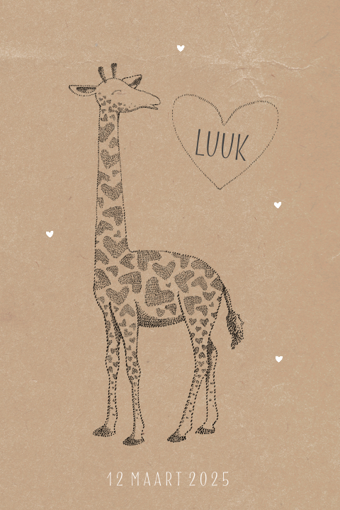Lieve geboortekaart jongen met giraffe en hartjes