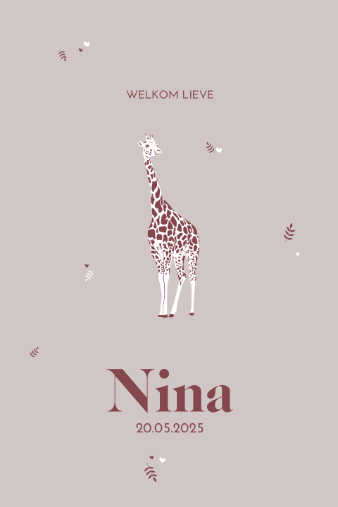 Lief jungle thema geboortekaartje met giraffe, hartjes en blaadjes