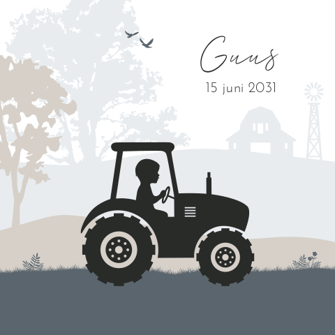 Vrolijk geboortekaartje jongen blauw met tractor