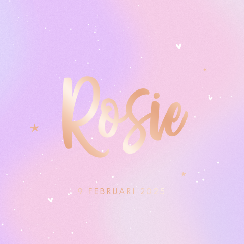 Holografisch geboortekaartje met roségoudfolie voor een meisje