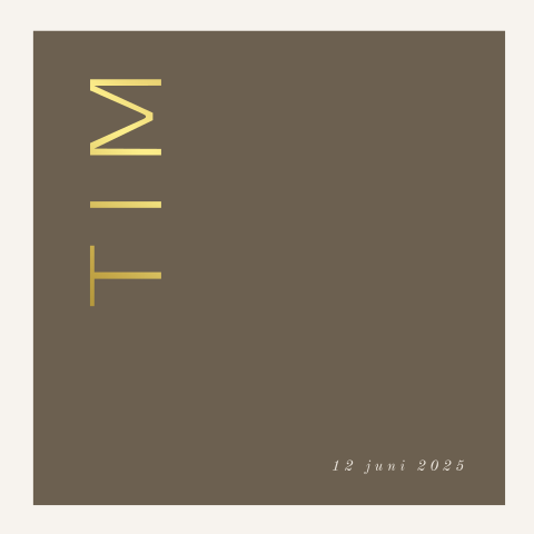 Minimalistisch geboortekaartje met goudfolie en verticale naam