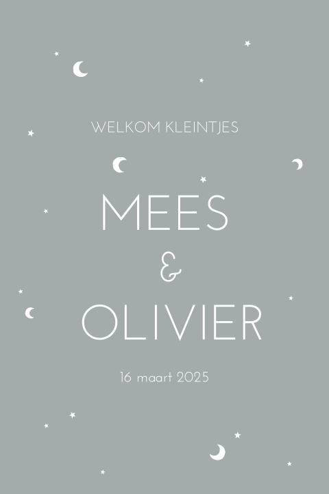 Geboortekaart voor jongens tweeling met maantjes en ronde hoeken