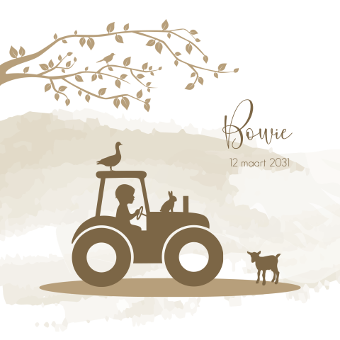 Beige geboortekaartje met boerderijdieren en silhouetje op tractor