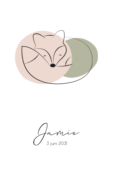 Lief geboortekaartje met lijntekening van vosje en gekleurde vlakken