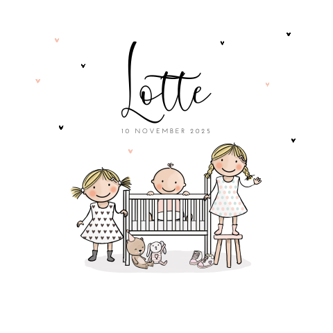 Geboortekaartje met tekening van zusjes met baby zusje in ledikant