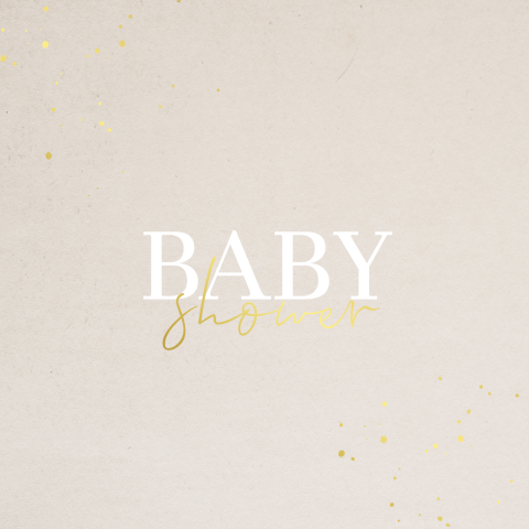 Babyshower uitnodiging beige met goudfolie spetters