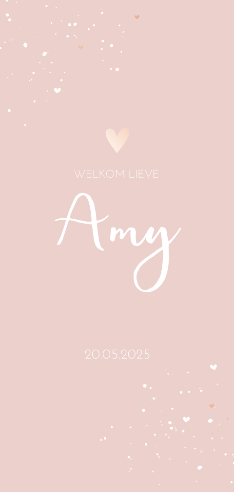 Trendy pastel geboortekaartje voor meisje met roségoudfolie hartje