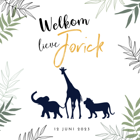 Geboortekaartje met jungle dieren en bladeren