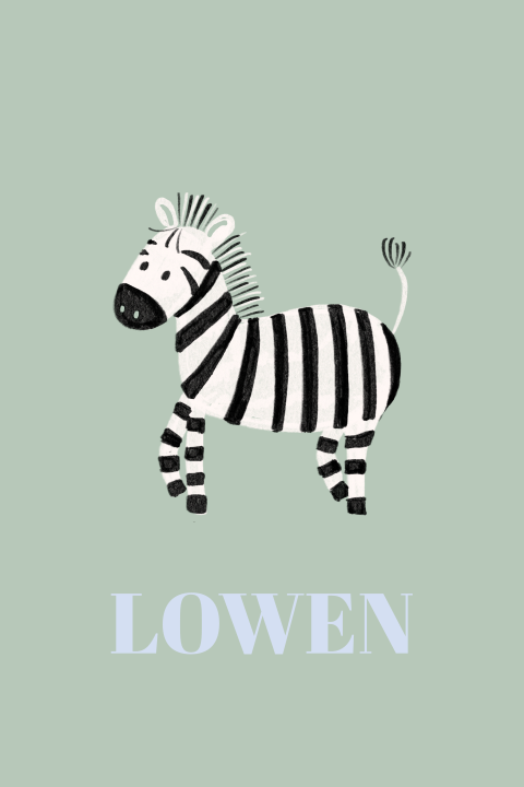 Vrolijk groen geboortekaartje jongen met zebra