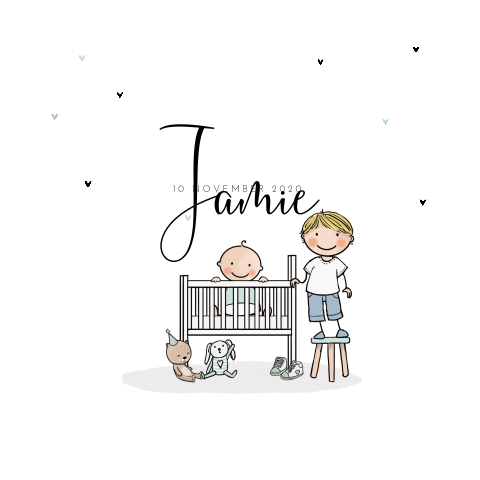 Lief geboortekaartje met tekening broertjes en ledikant