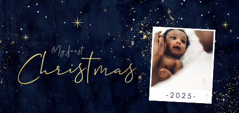 Goudfolie kerstkaart met foto eerste kerst