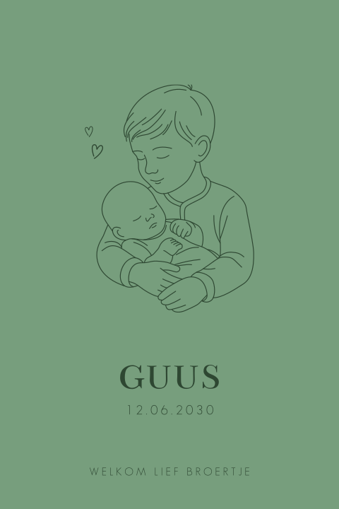 Groen geboortekaartje met lijntekening baby en grote broer