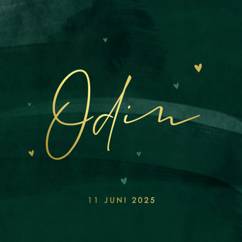 Luxe goudfolie geboortekaart met groene velvet-look voor een jongen