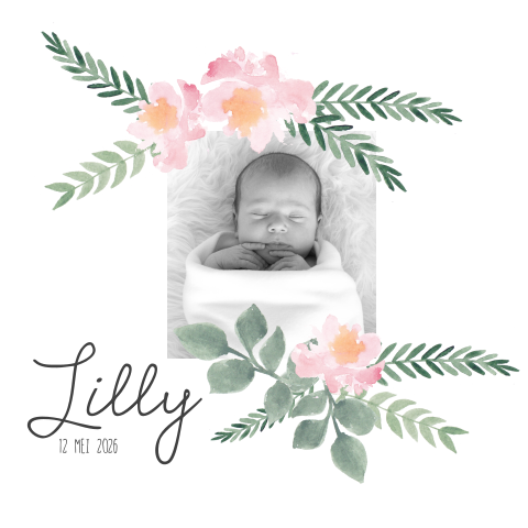 Schattig bohemian geboortekaartje met watercolor bloemen