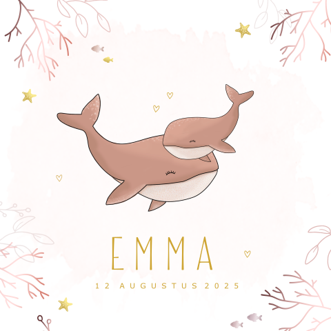 Hip geboortekaartje voor meisje met moeder walvis met baby walvisje