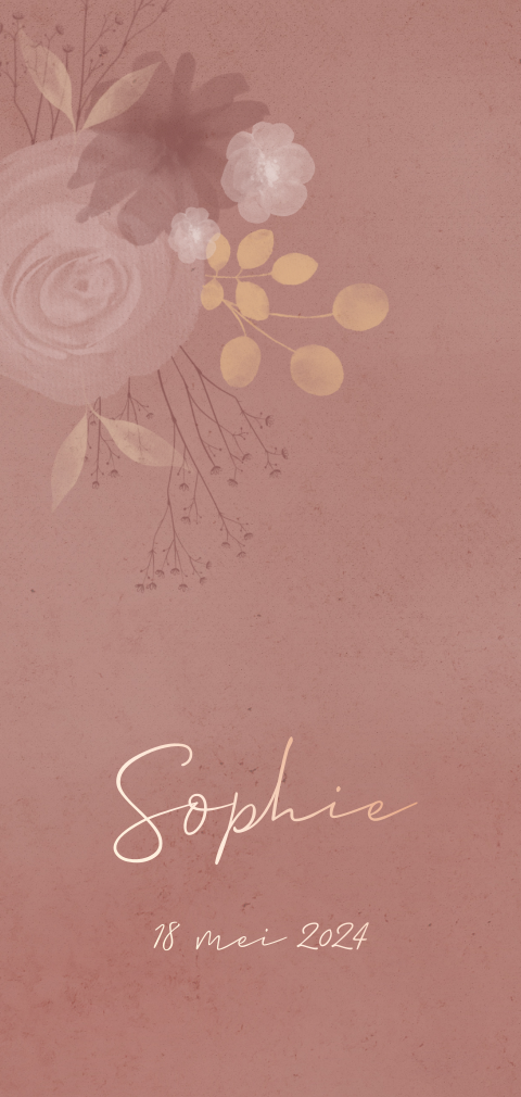 Stijlvol roségoudfolie geboortekaartje voor meisje met watercolour bloemen