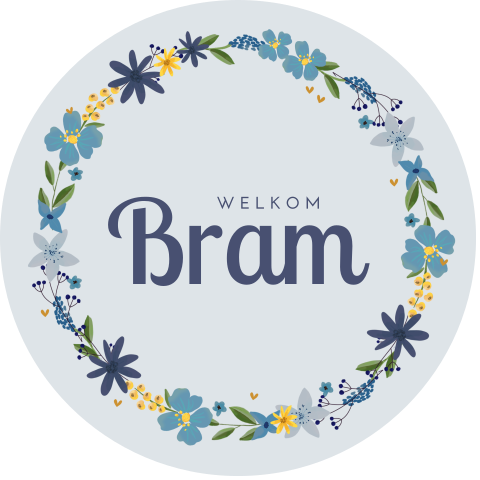 Raamsticker rond met blauwe bloemenkrans en naam