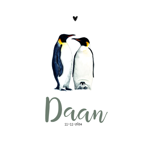 Lief geboortekaartje voor jongen met waterverf tekening van pinguïns