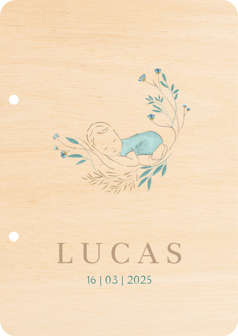 Houten bewaarbundel met baby lijntekening en takjes