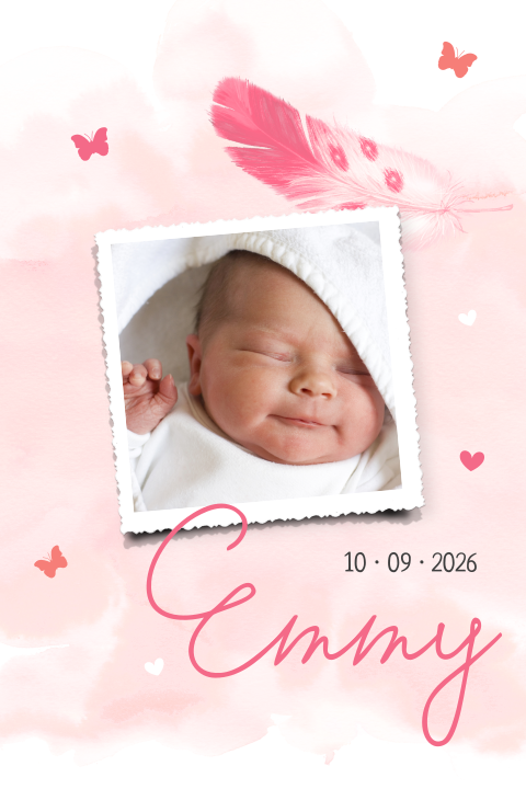Babykaartje met foto en veer