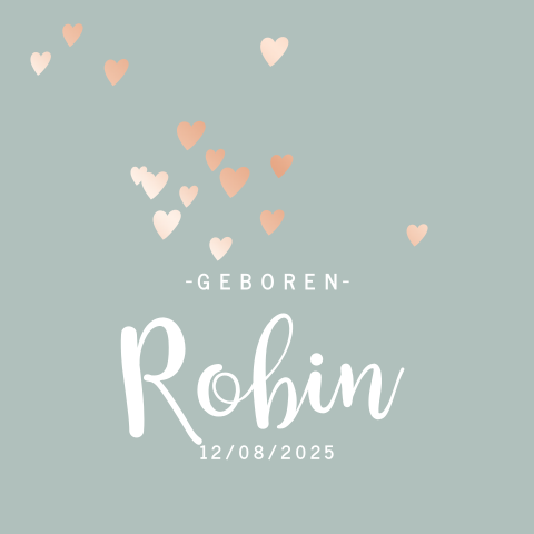 Roségoudfolie geboortekaartje mintgroen met rosé hartjes