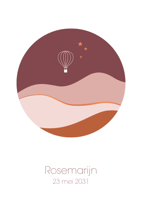 Lief geboortekaartje met landschap en luchtballon voor een meisje