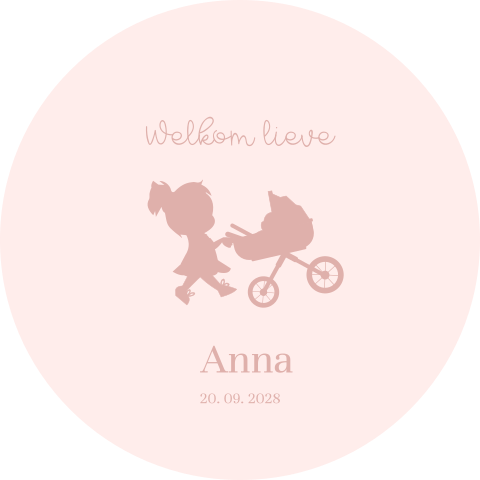 Raamsticker roze met grote zus en kinderwagen