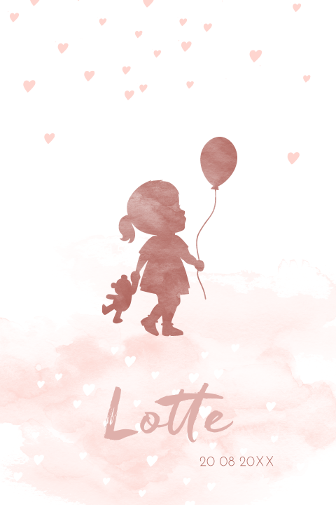 Lief babykaartje met silhouette meisje met ballon
