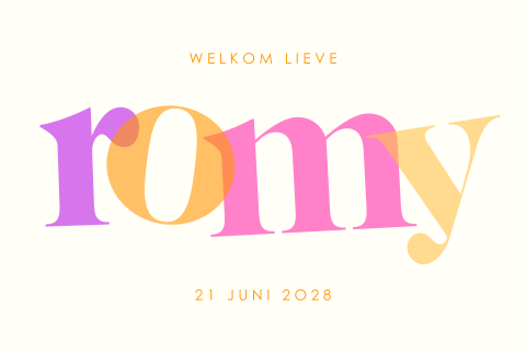 Vrolijk geboortekaartje met kleurrijke letters