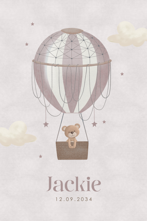 Lief geboortekaartje meisje met beertje in luchtballon