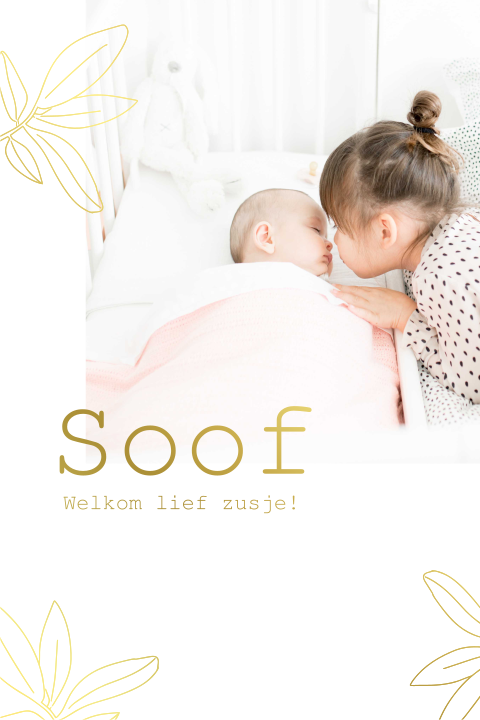 Hip geboortekaartje voor meisje met goudfolie takjes en newbornfoto