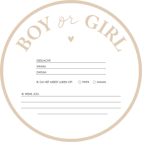 Gender reveal rond voorspellingkaartje beige